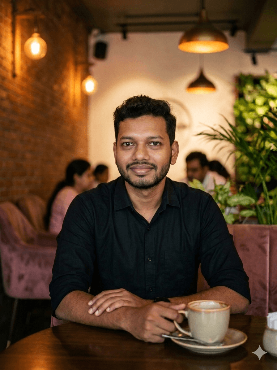 Male companion in Gurgaon - professional, well-dressed man in a cafe setting